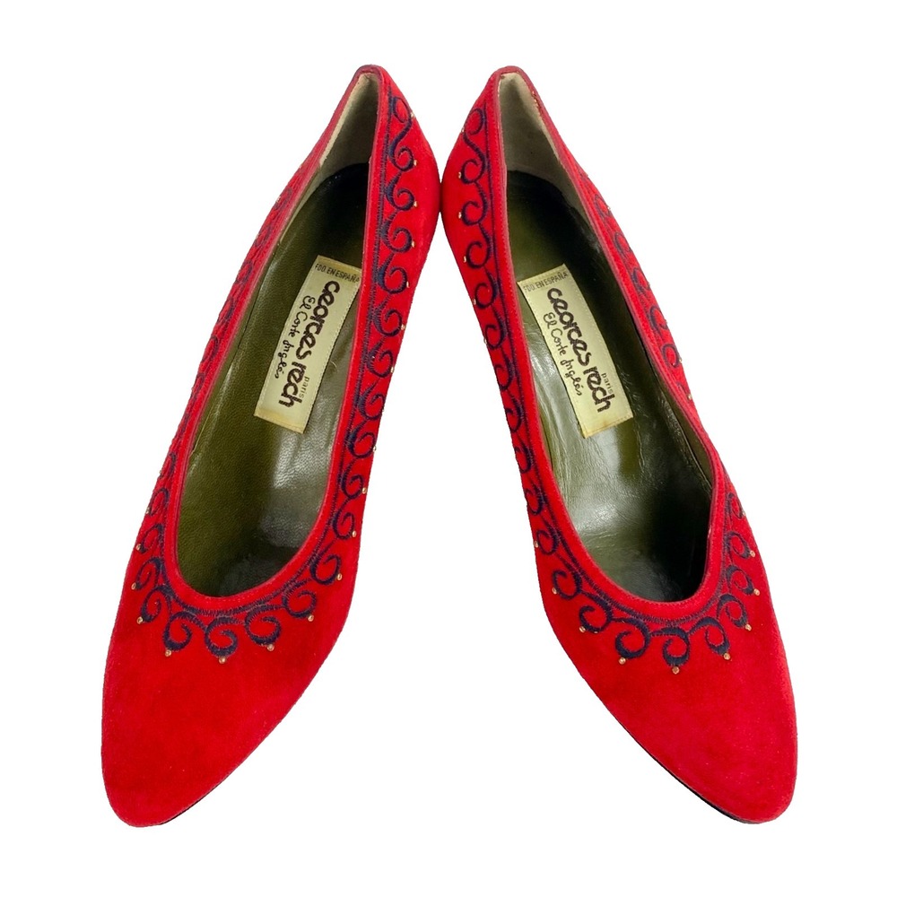 Georges Rech Luxury Suede Kitten Heels Women's 37 Pumps Red 6.5 Embroidered EUC